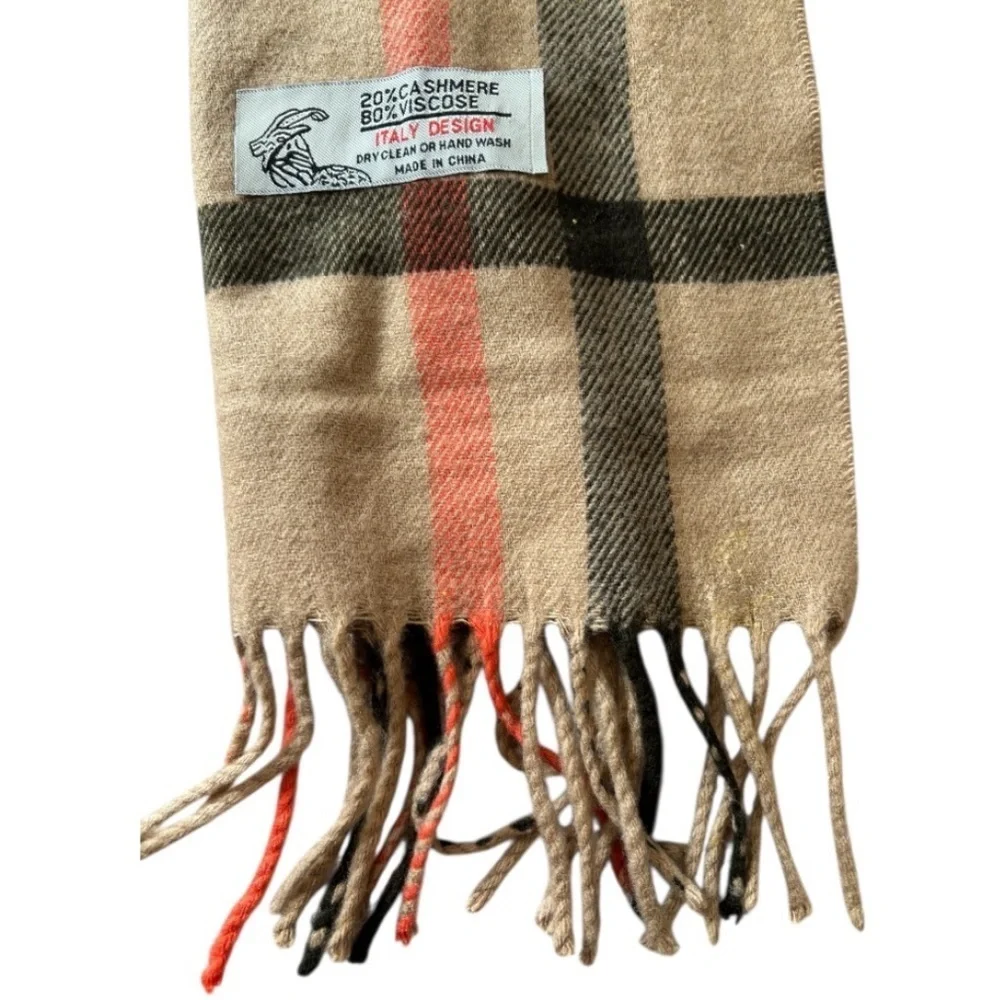 Italy Design Cashmere Blend Unisex Classic Beige, Orange & Black Checkered Scarf
